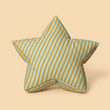 Large star-shaped floor cushion called the Superstar Crash Pad, featuring Orange, blue and yelllow stripes on a light orange background.