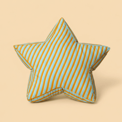 Large star-shaped floor cushion called the Superstar Crash Pad, featuring Orange, blue and yelllow stripes on a light orange background.