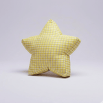 Superstar Crash Pad floor cushion with a classic yellow and white gingham checkered pattern. Large 36-inch star-shaped toddler seat on a clean, neutral studio background